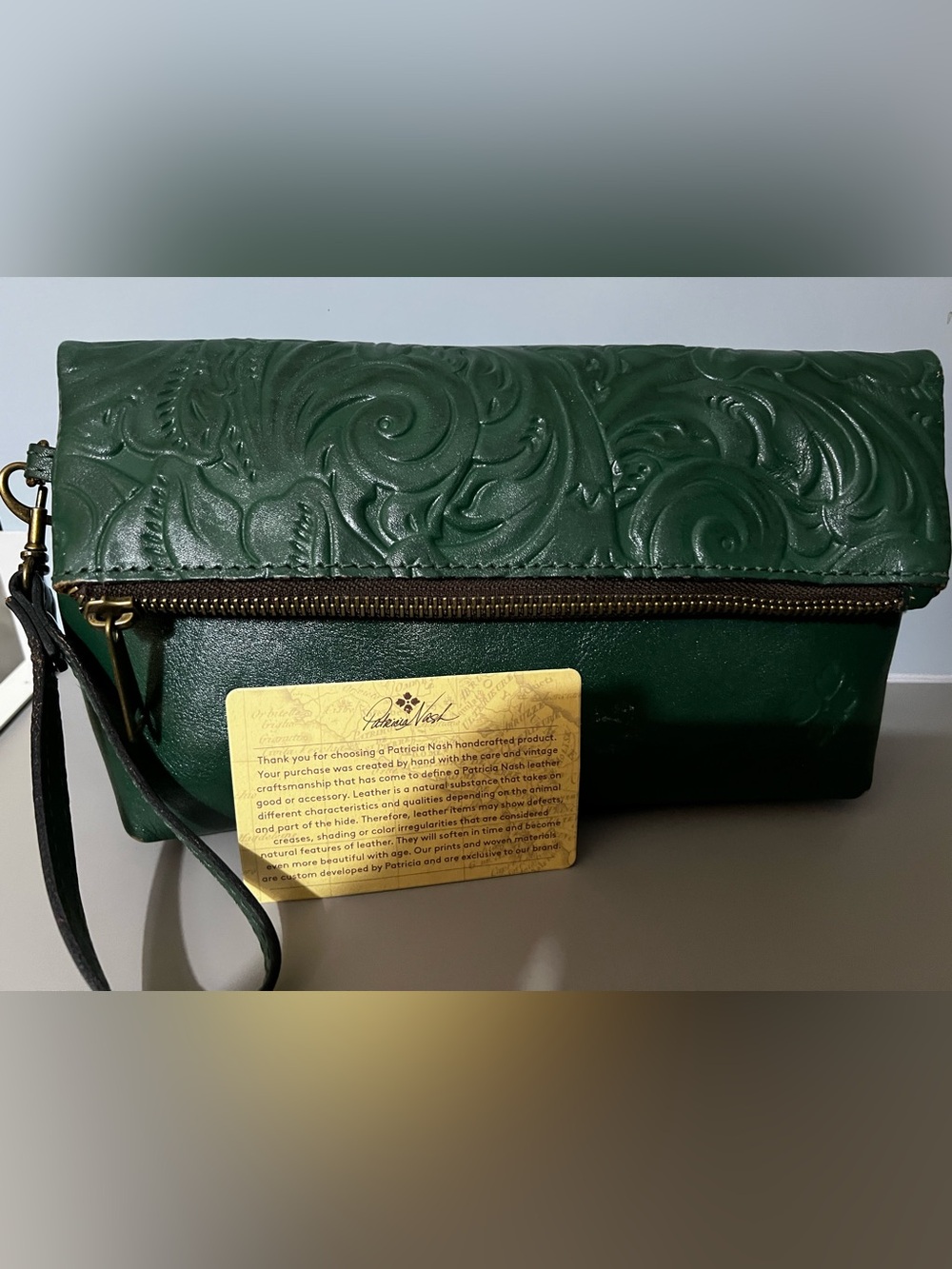 Patricia Nash Green Embossed Leather Foldover Clutch with Wristlet